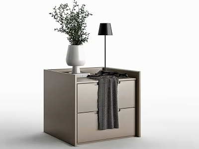 Light Beige Nightstand with White Vase Green Plant Black Lamp and Striped Blanket 3d model