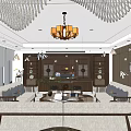 Modern Office Interior With Sofa Bookshelf Chandelier And Meeting Table Setup 3d model