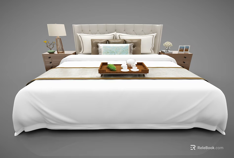 Modern Double Bed With Upholstered Headboard White Sheets Tray Tea Set And Nightstands 3d model 