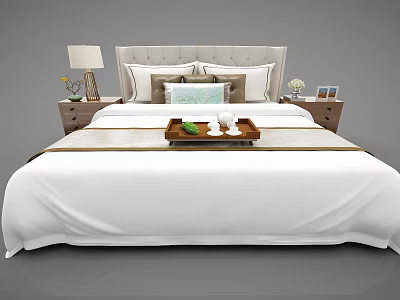 Modern Double Bed With Upholstered Headboard White Sheets Tray Tea Set And Nightstands 3d model