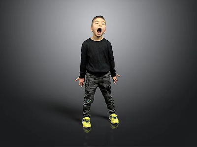 Child In Black Sweater Camouflage Pants Yellow Shoes Open Mouth Outstretched Hands Gray Background 3d model