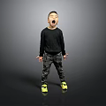 Child In Black Sweater Camouflage Pants Yellow Shoes Open Mouth Outstretched Hands Gray Background