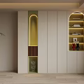 Modern White Storage Cabinet With Arched Open Shelves And Decorative Lighting