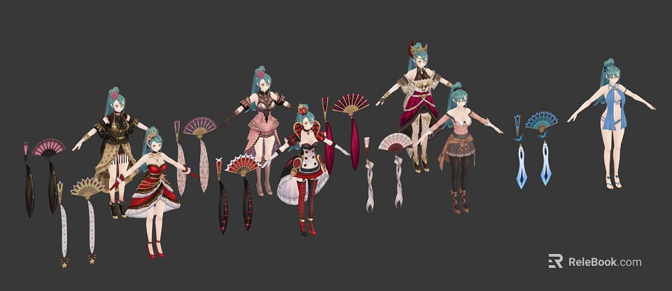 Game Movie Character Design With Multiple Outfits Blue Hair And Fan Accessories 3d model 