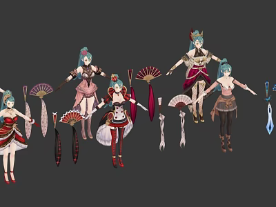 Game Movie Character Design With Multiple Outfits Blue Hair And Fan Accessories 3d model