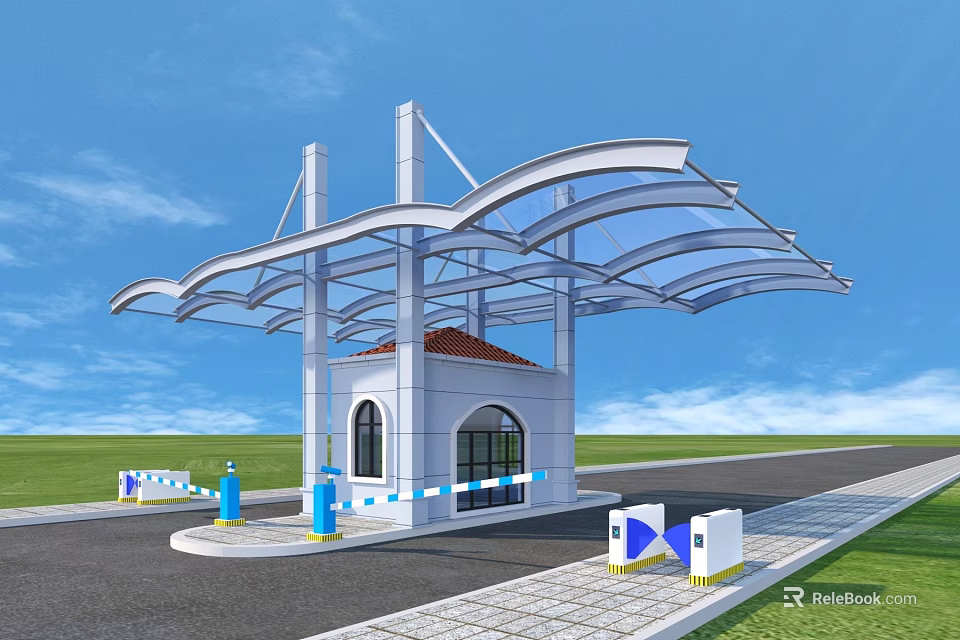 Modern Entrance Gate With Curved Canopy Security Booth And Stone Pavement 3d model 