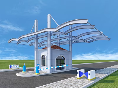 Modern Entrance Gate With Curved Canopy Security Booth And Stone Pavement 3d model