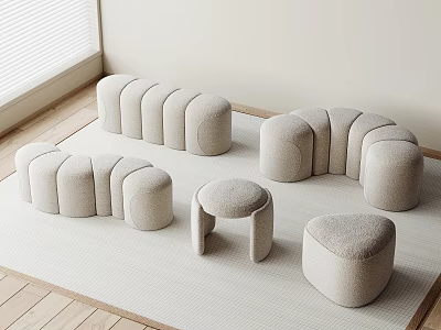 Light Colored Plush Sofa Stools With Different Shapes On Light Carpet Wooden Floor 3d model
