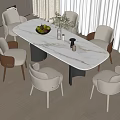 Elegant Oval Marble Dining Table Set With Six Beige Chairs And Green Plant Decor