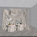 Elegant Event Setup With White Drapes Tables Fruits Wine Bottles Gray Walls And Striped Skylights