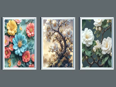 Three Framed Botanical Wall Art With Vibrant Flowers And Blossoming Tree Branches 3d model