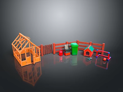 Charming Toy Landscape With Orange House Fence Red Green Trash Cans Dog House And Ball 3d model