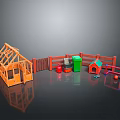 Charming Toy Landscape With Orange House Fence Red Green Trash Cans Dog House And Ball