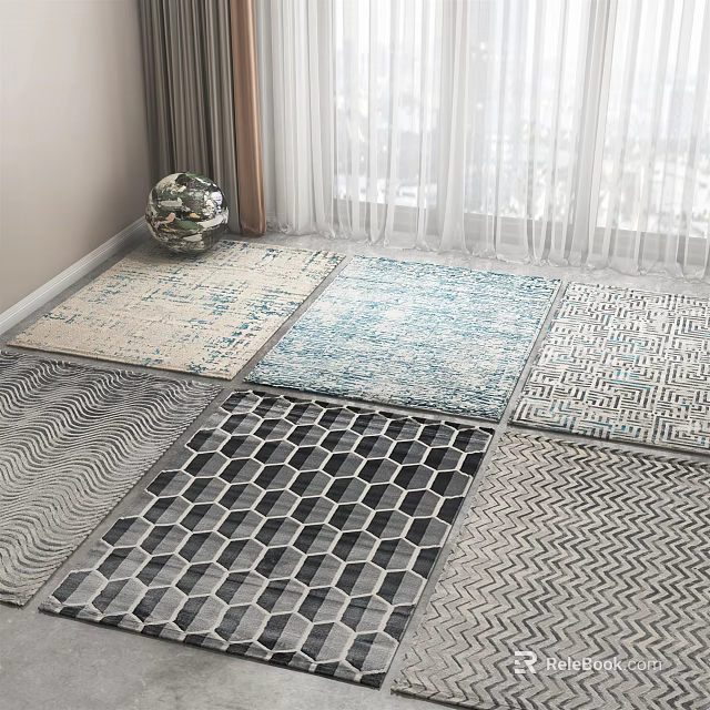 Multiple Square Rugs With Different Patterns On Room Floor Near Decorative Sphere And Curtains 3d model 
