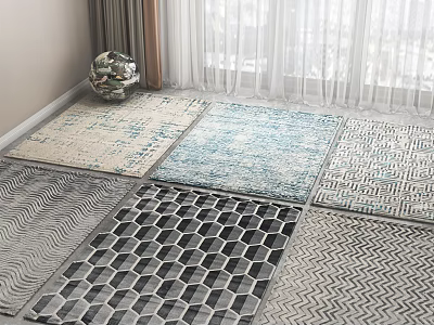 Multiple Square Rugs With Different Patterns On Room Floor Near Decorative Sphere And Curtains 3d model