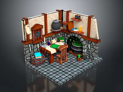 Medieval Kitchen Scene With Stone Walls Wooden Frames Table Chair Cauldron Shelf And Stone Tiles 3d model