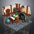 Medieval Kitchen Scene With Stone Walls Wooden Frames Table Chair Cauldron Shelf And Stone Tiles