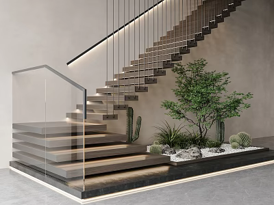 Modern Interior Staircase With Glass Railing Light Strip And Green Plants On Gray Floor 3d model