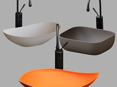 Three Modern White Gray Orange Bowl Shaped Washbasins With Black Faucets 3d model