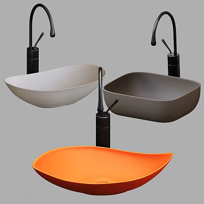 Three Modern White Gray Orange Bowl Shaped Washbasins With Black Faucets 3d model
