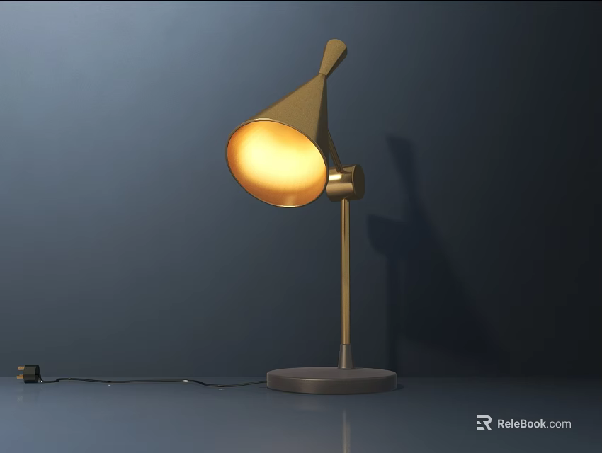 Modern Table Lamp with Golden Shade and Metal Stand Illuminated on Dark Background 3d model 