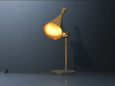 Modern Table Lamp with Golden Shade and Metal Stand Illuminated on Dark Background 3d model