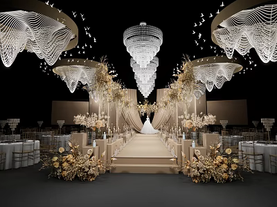 Elegant Wedding Banquet Hall With Crystal Chandeliers Floral Decorations And Decorative Arches 3d model