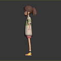 3D Character Girl With Brown Hair Green White Striped Shirt Pink Shorts And Yellow Shoes