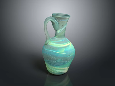 Handcrafted Glass Vase Sculpture With Blue Green White Swirl Pattern And Handle 3d model