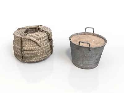 Woven Rope Coil and Metal Bucket with Handles for Household Items 3d model