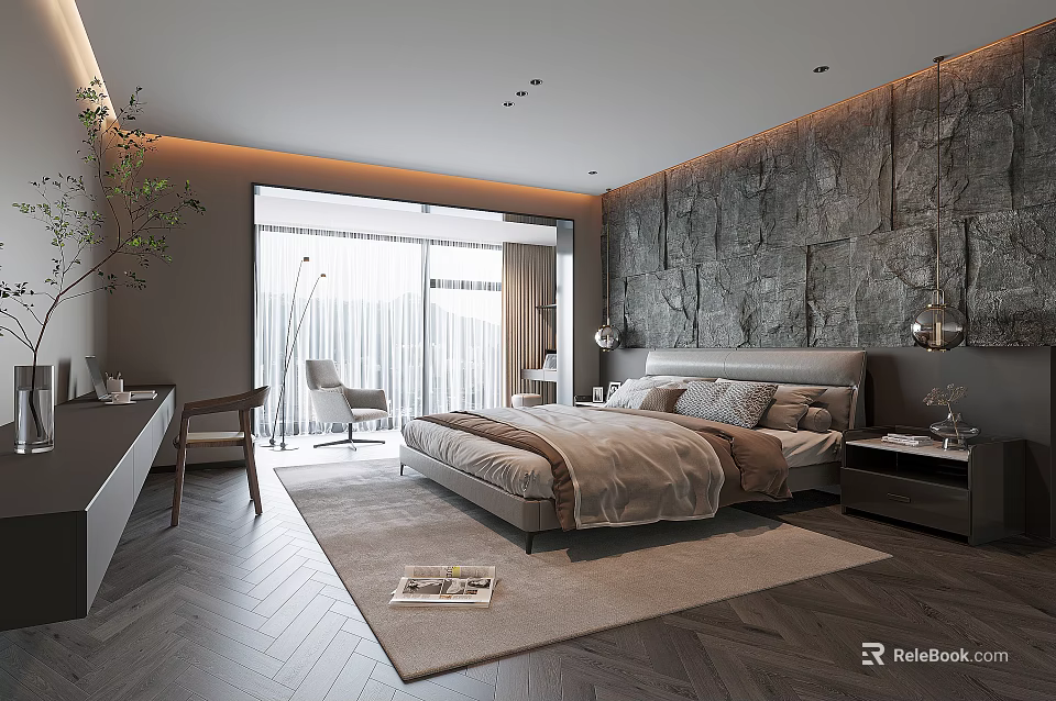 Modern Bedroom Interior With Large Bed Stone Wall Floor-to-Ceiling Window Wooden Floor And Rug 3d model 