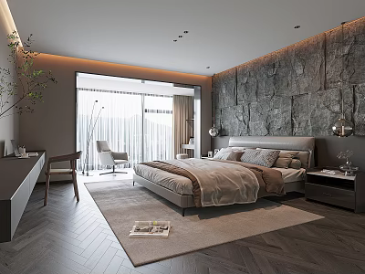 Modern Bedroom Interior With Large Bed Stone Wall Floor-to-Ceiling Window Wooden Floor And Rug 3d model