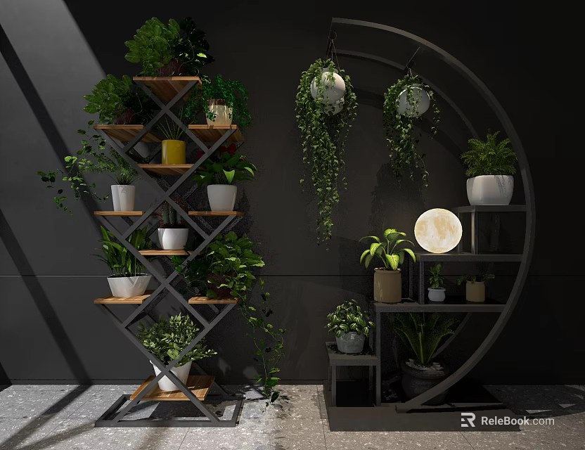 Decorative Ornament Combination Featuring Multi tiered Arched Shelves Wooden Metal Hanging Plants Round Moon Decor 3d model 