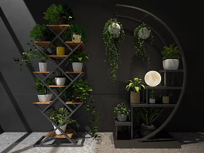 Decorative Ornament Combination Featuring Multi tiered Arched Shelves Wooden Metal Hanging Plants Round Moon Decor 3d model