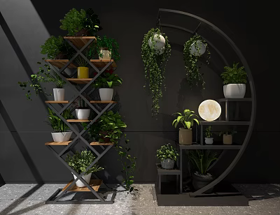 Decorative Ornament Combination Featuring Multi tiered Arched Shelves Wooden Metal Hanging Plants Round Moon Decor 3d model