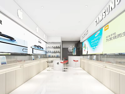 Modern Showroom Display Cabinets with Samsung Apple Electronics and Bright Interior Advertising Screens 3d model