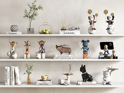 Stylish Decorative Ornament Collection with Assorted Figurines Plants and Books on White Shelves 3d model