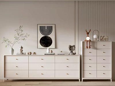 Modern White Console Table and Side Cabinet with Decorative Vase Sculptures and Wall Art 3d model