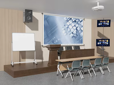 Modern Conference Room with Projection Screen Podium Whiteboard Tables Chairs and Projector 3d model