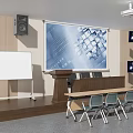 Modern Conference Room with Projection Screen Podium Whiteboard Tables Chairs and Projector