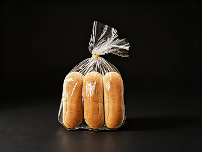 Three Fresh Bread Loaves in Transparent Plastic Bag on Black Background 3d model