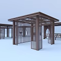 Multiple Modern Brown Metal Pergolas with Grid Design and Support Columns for Outdoor Spaces