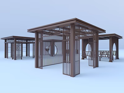 Multiple Modern Brown Metal Pergolas with Grid Design and Support Columns for Outdoor Spaces 3d model