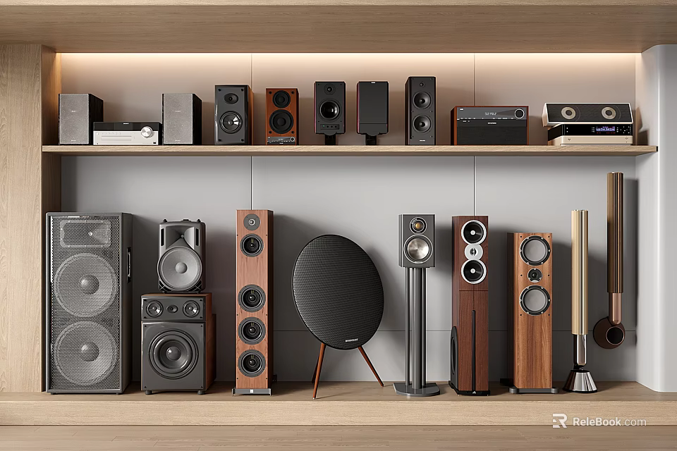 Diverse Audio Speakers Collection On Wooden Shelves Featuring Floor-standing Bookshelf And Round Designs 3d model 