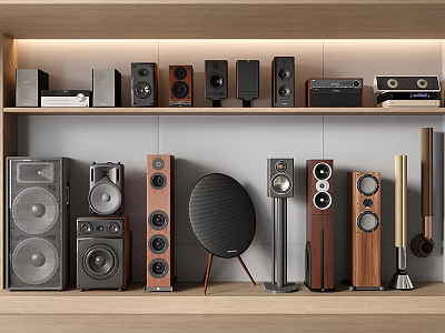 Diverse Audio Speakers Collection On Wooden Shelves Featuring Floor-standing Bookshelf And Round Designs 3d model