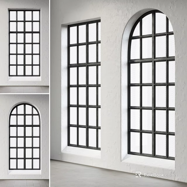 Casement Windows With Black Frames And Grid Glass On White Walls In Various Shapes 3d model 