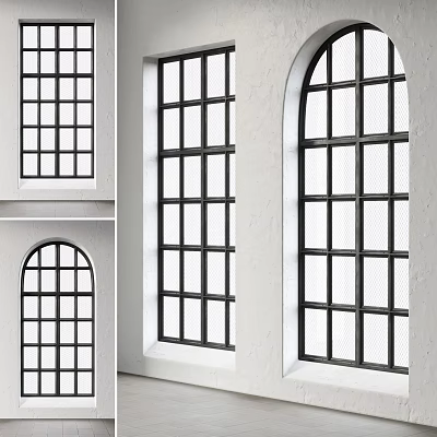 Casement Windows With Black Frames And Grid Glass On White Walls In Various Shapes 3d model