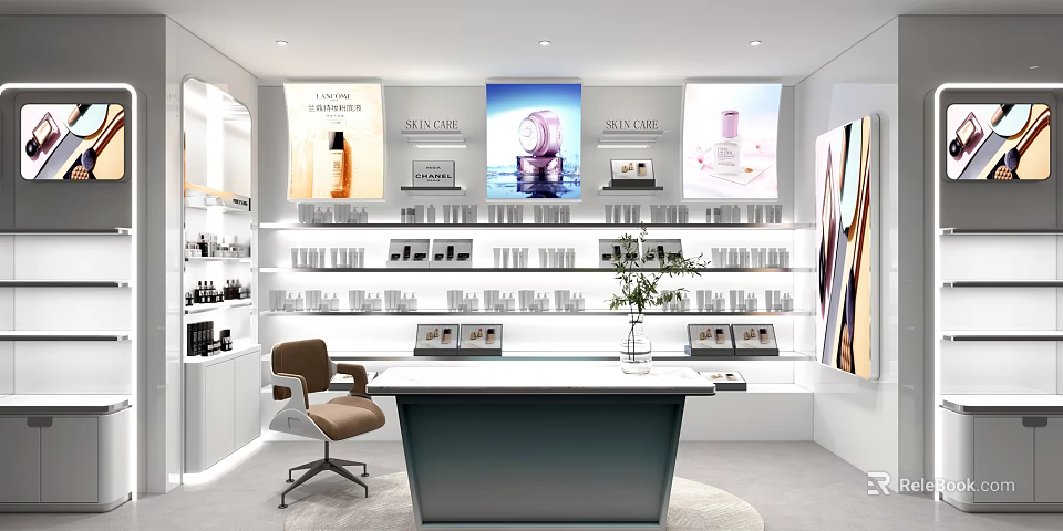Modern Cosmetics Store Interior With Display Shelves Posters And Reception Desk 3d model 
