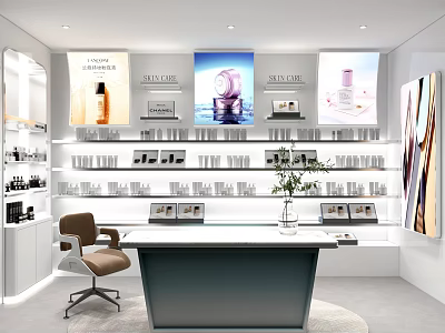 Modern Cosmetics Store Interior With Display Shelves Posters And Reception Desk 3d model