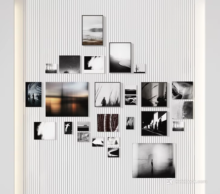 Black and White Photo Wall With Different Size Frames And Scenery People 3d model 